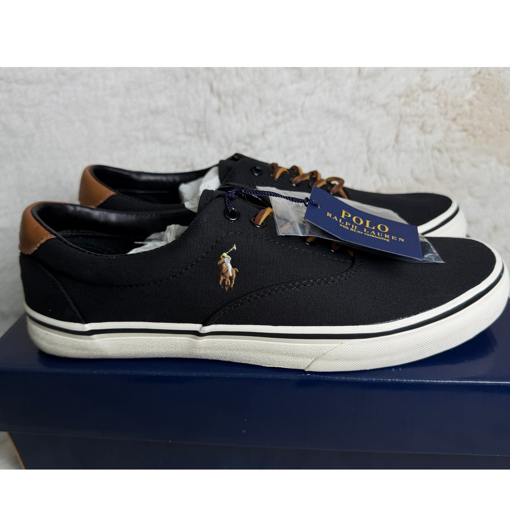 Polo Ralph Lauren Thorton Mens Black Canvas Leather Sneakers NWT and Box 11D